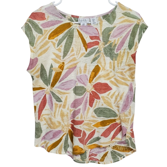 Nicole Miller Tops - 2558 * Nicole Miller Abstract Floral Linen Top Sleeveless Tan Green Red Size M